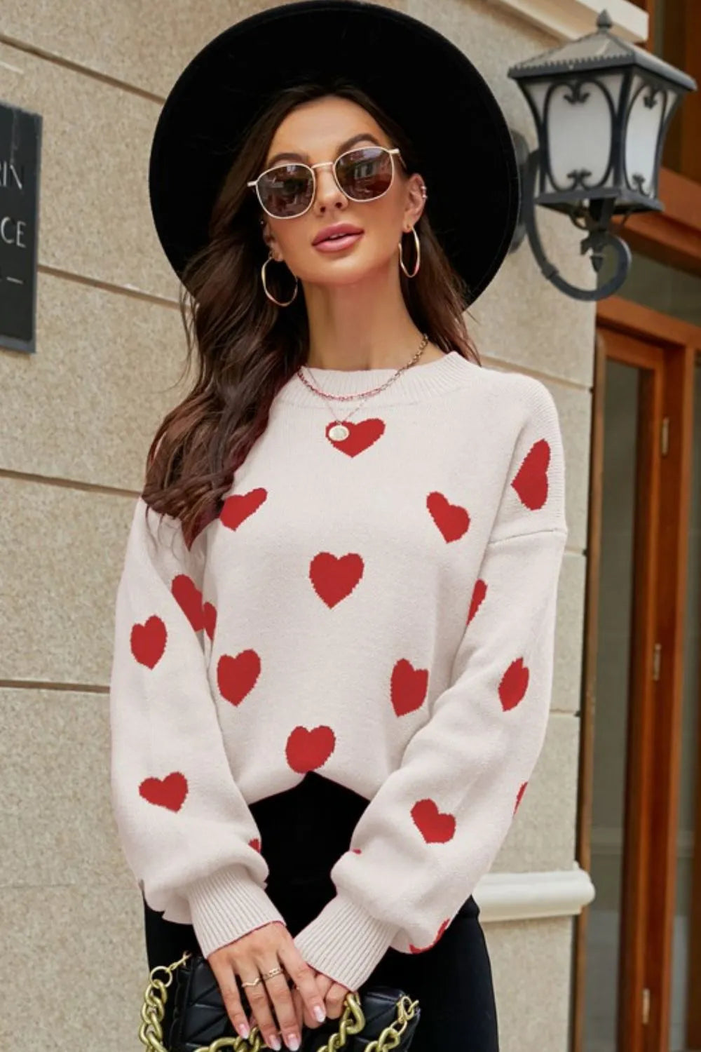 Woven Right Heart Pattern Lantern Sleeve Round Neck Tunic Sweater Fitggins