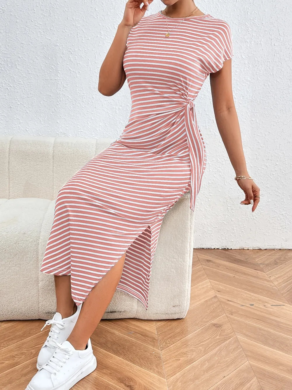 Honey Tied Striped Round Neck Short Sleeve Tee Dress Fitggins