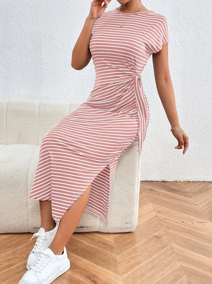 Honey Tied Striped Round Neck Short Sleeve Tee Dress Fitggins