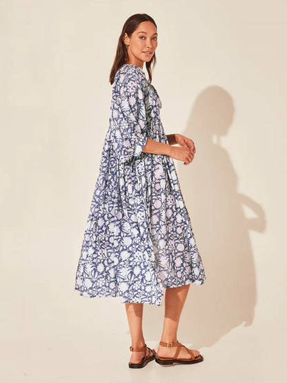 Floral Tie Neck Lantern Sleeve Dress Fitggins