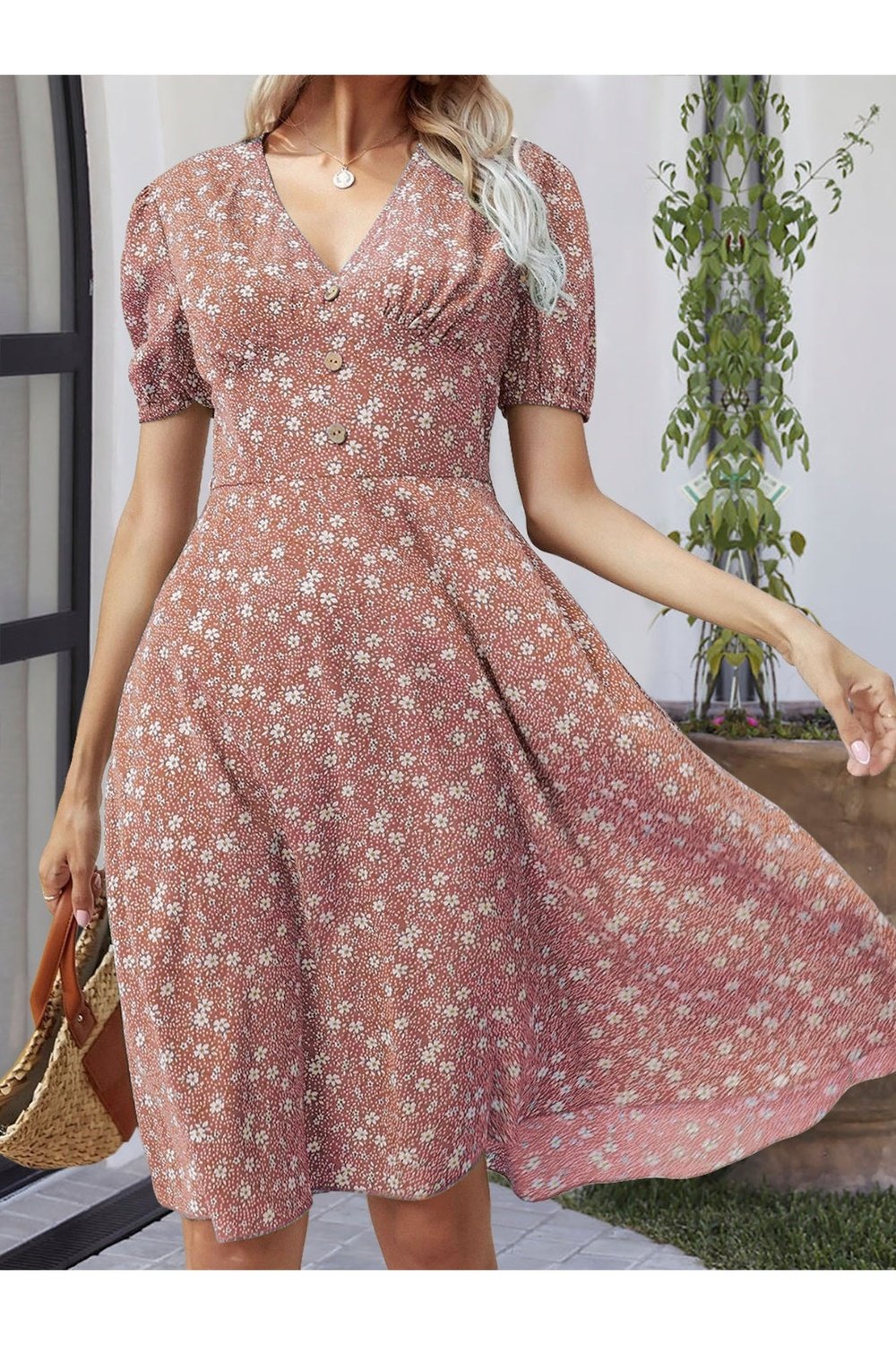 Printed V-Neck Short Sleeve Dress - Casual & Maxi Dresses - FITGGINS