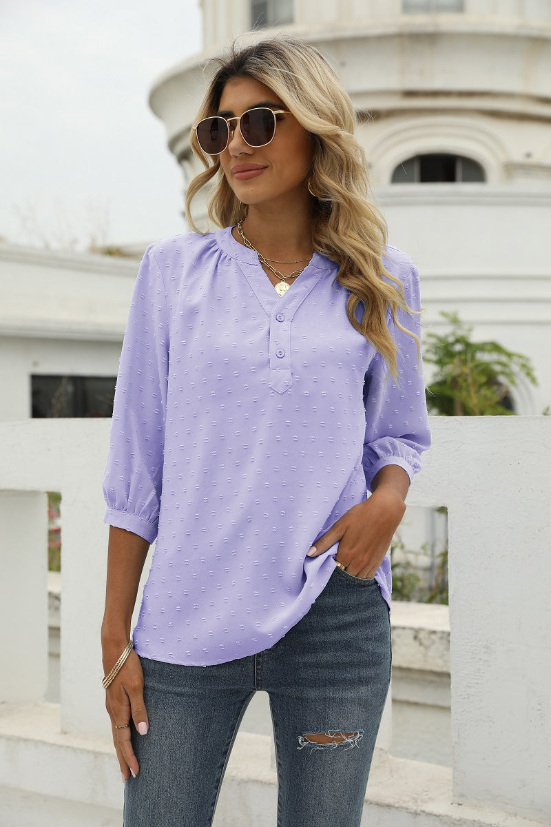 Swiss Dot Notched Neck Three-Quarter Sleeve Blouse Lavender Fitggins