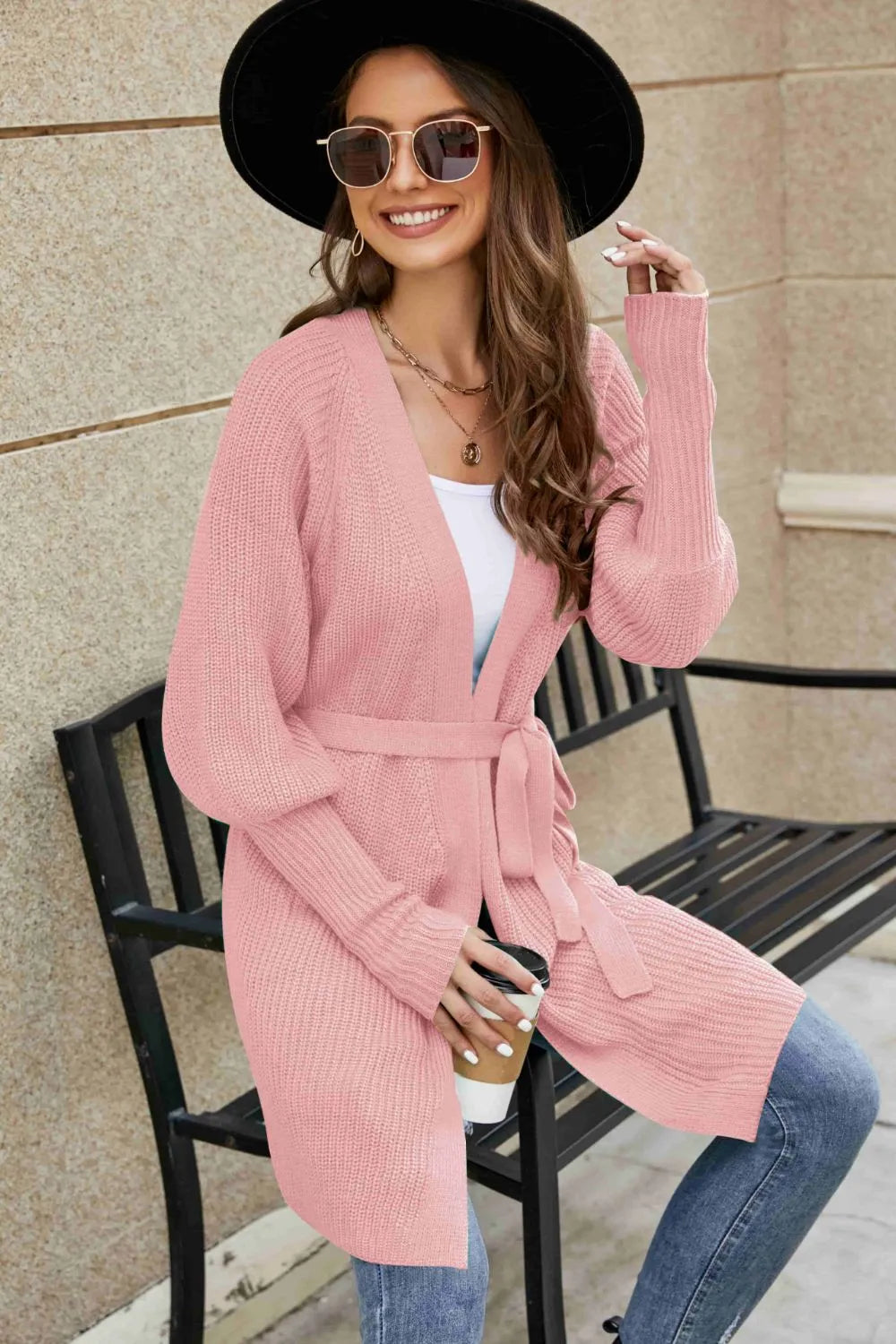 Open Front Lantern Sleeve Cardigan Fitggins
