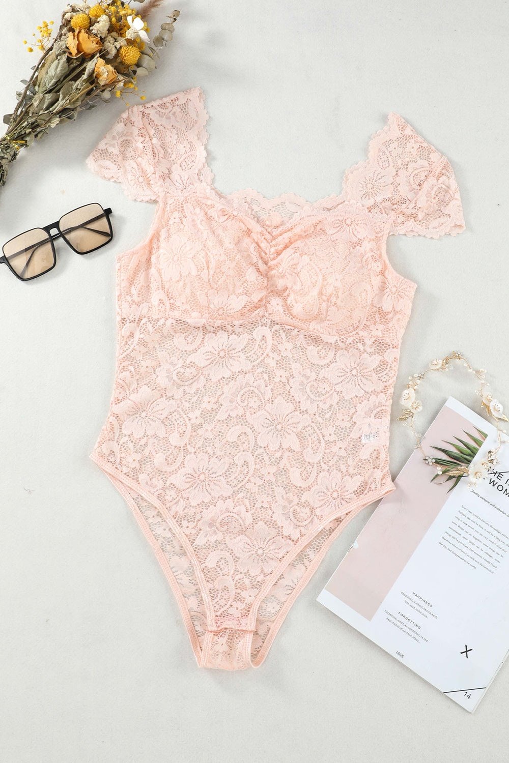 Ruched Sweetheart Neck Lace Bodysuit - Bodysuits - FITGGINS