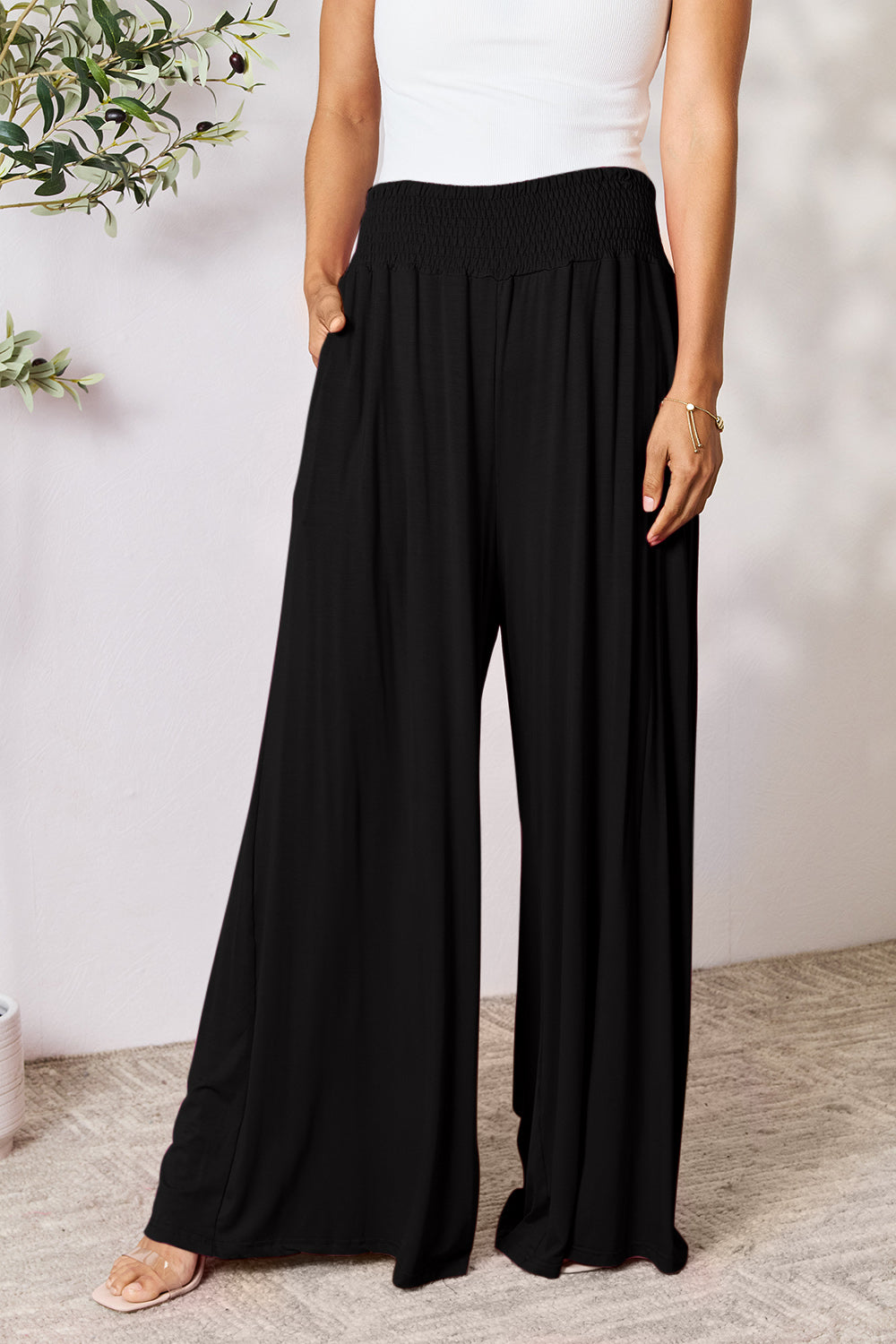 Double Take Full Size Smocked Wide Waistband Wide Leg Pants - Pants - FITGGINS