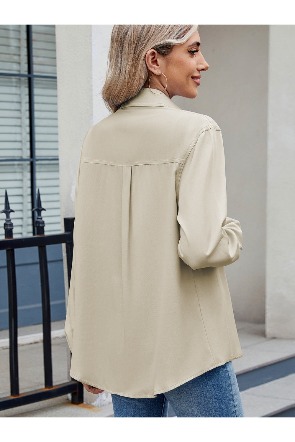 Solid Color Collared Neck Long Sleeve Shirt Fitggins