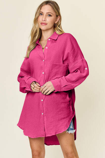 Double Take Full Size Pocketed Texture Button Up Shirt - Shirts - FITGGINS