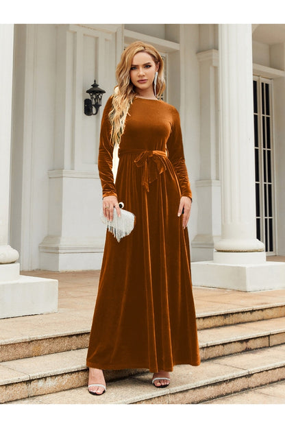 Tie Front Round Neck Long Sleeve Maxi Dress - - FITGGINS