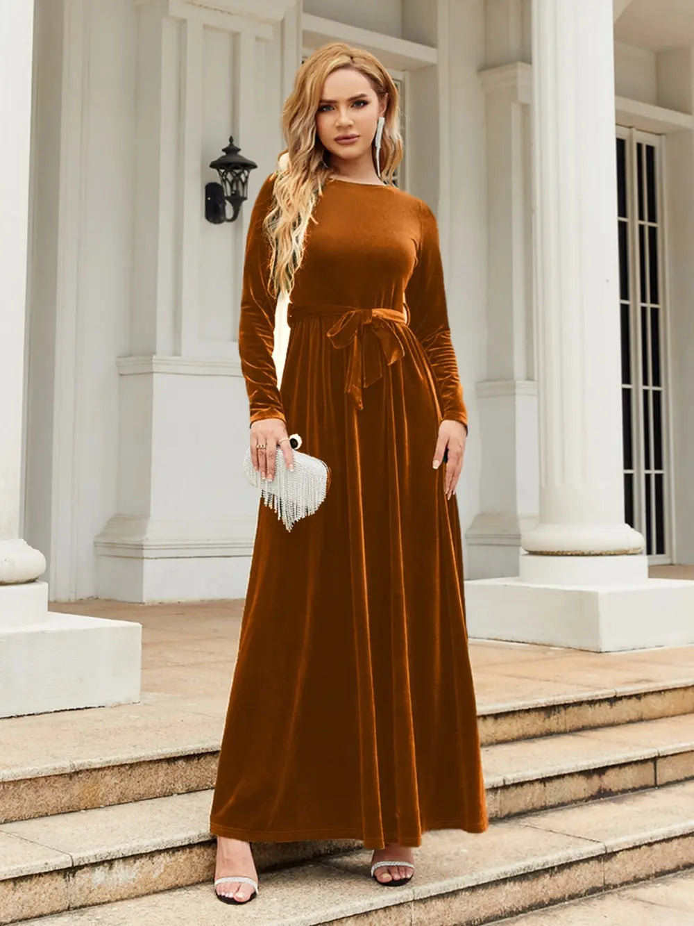 Tie Front Round Neck Long Sleeve Maxi Dress Caramel Fitggins