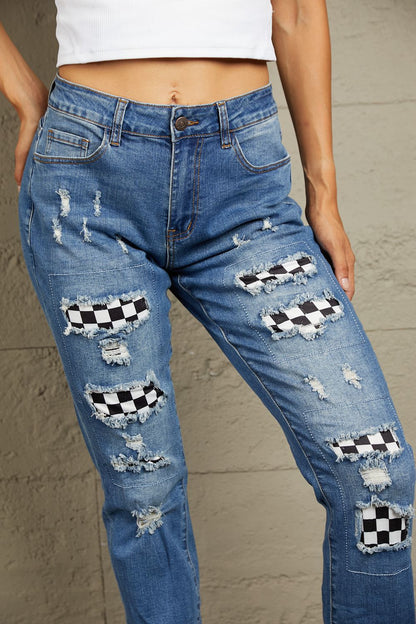 Baeful Checkered Patchwork Mid Waist Distressed Jeans - Jeans - FITGGINS