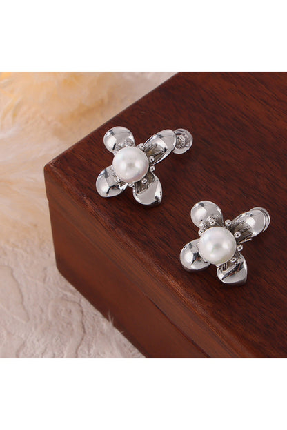 Synthetic Pearl Titanium Steel Flower Earrings - Earrings - FITGGINS