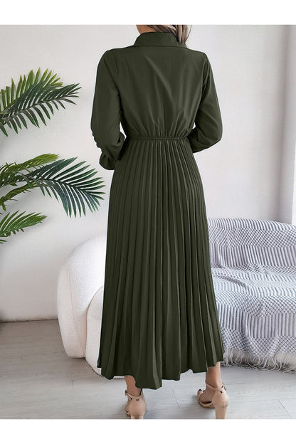 Pleated Half Button Long Sleeve Midi Dress - Casual & Maxi Dresses - FITGGINS