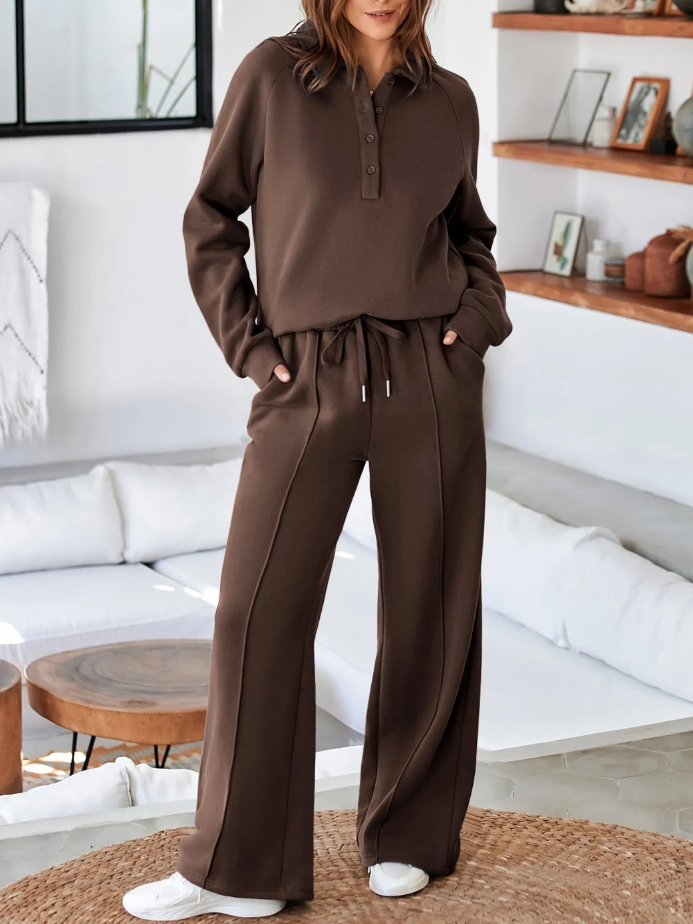 Collared Sweatshirt and High Waist Pants Active Set Fitggins