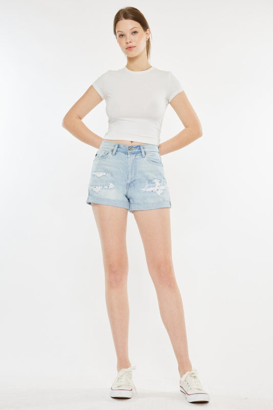 Kancan High Rise Repaired Mom Denim Shorts - Denim Shorts - FITGGINS