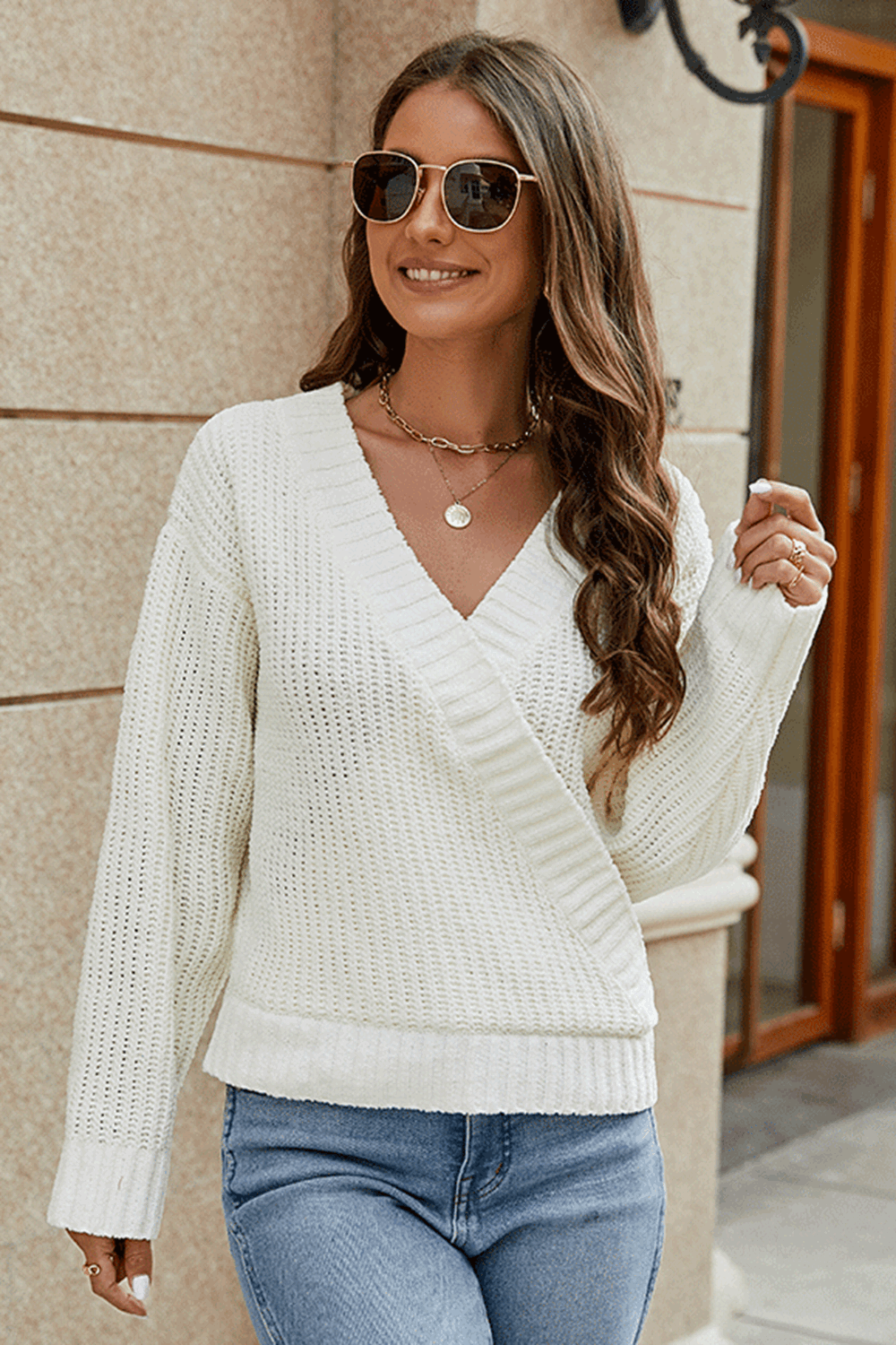 Surplice Neck Long Sleeve Sweater Ivory Fitggins