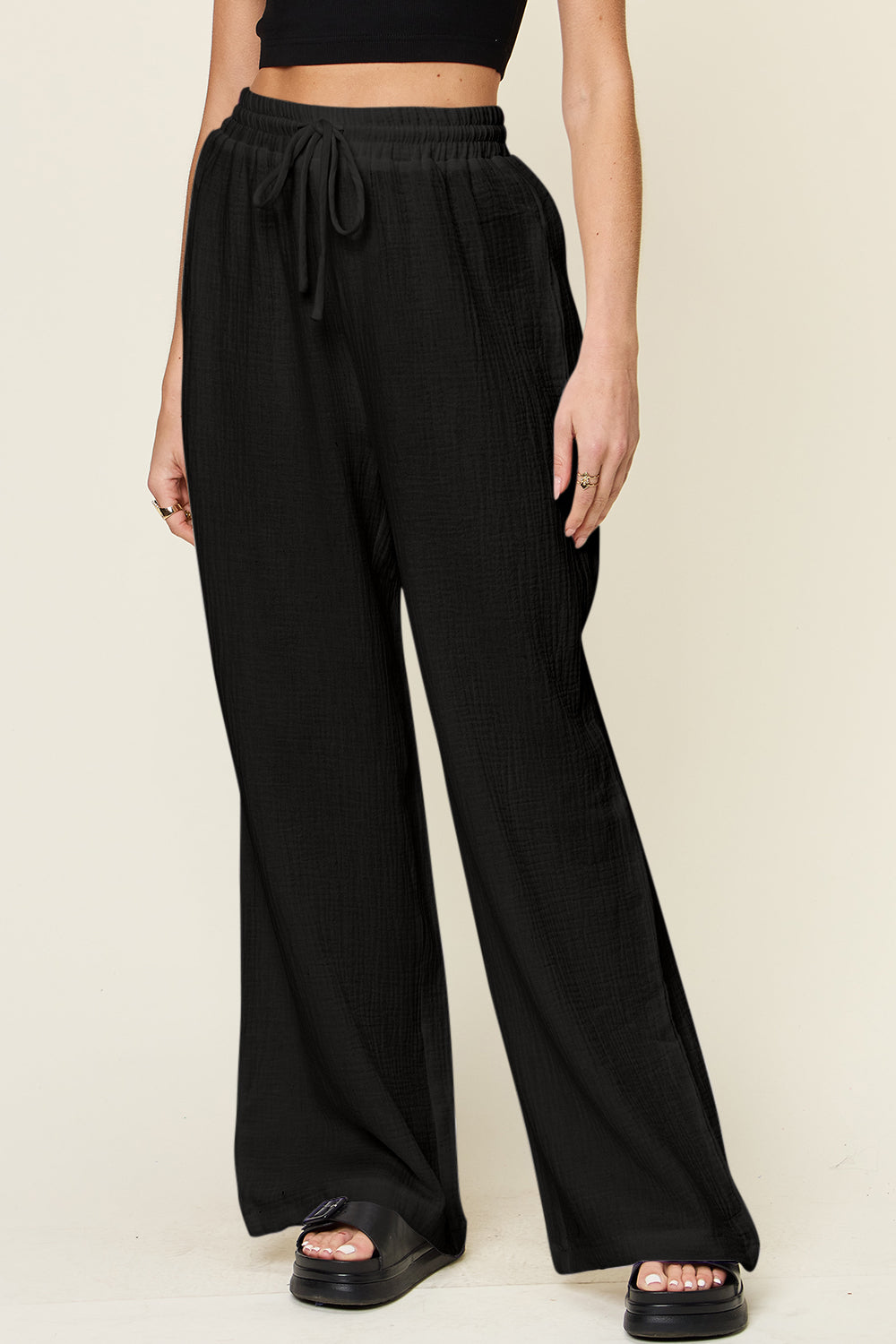 Double Take Full Size Texture Drawstring Wide Leg Pants - Pants - FITGGINS