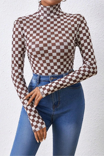 Checkered Turtleneck Long Sleeve Bodysuit - Bodysuit - FITGGINS