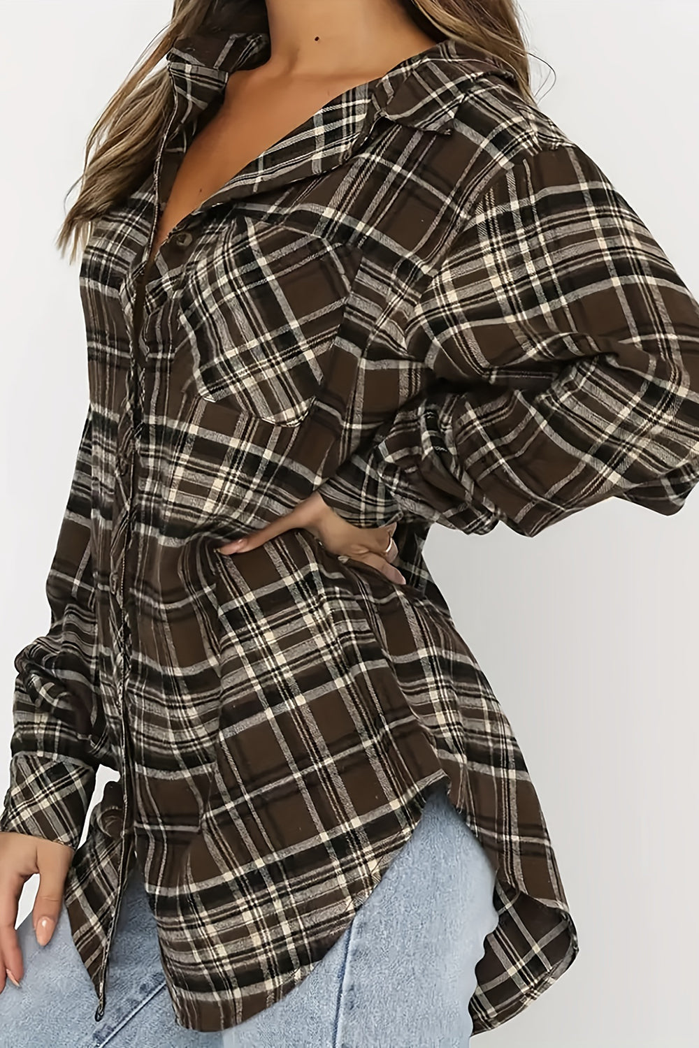 Plaid Collared Neck Long Sleeve Shirt - Shirts - FITGGINS