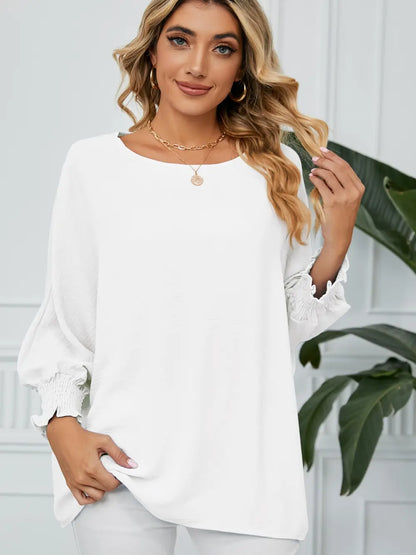 Smocked Lantern Sleeve Round Neck Blouse White Fitggins