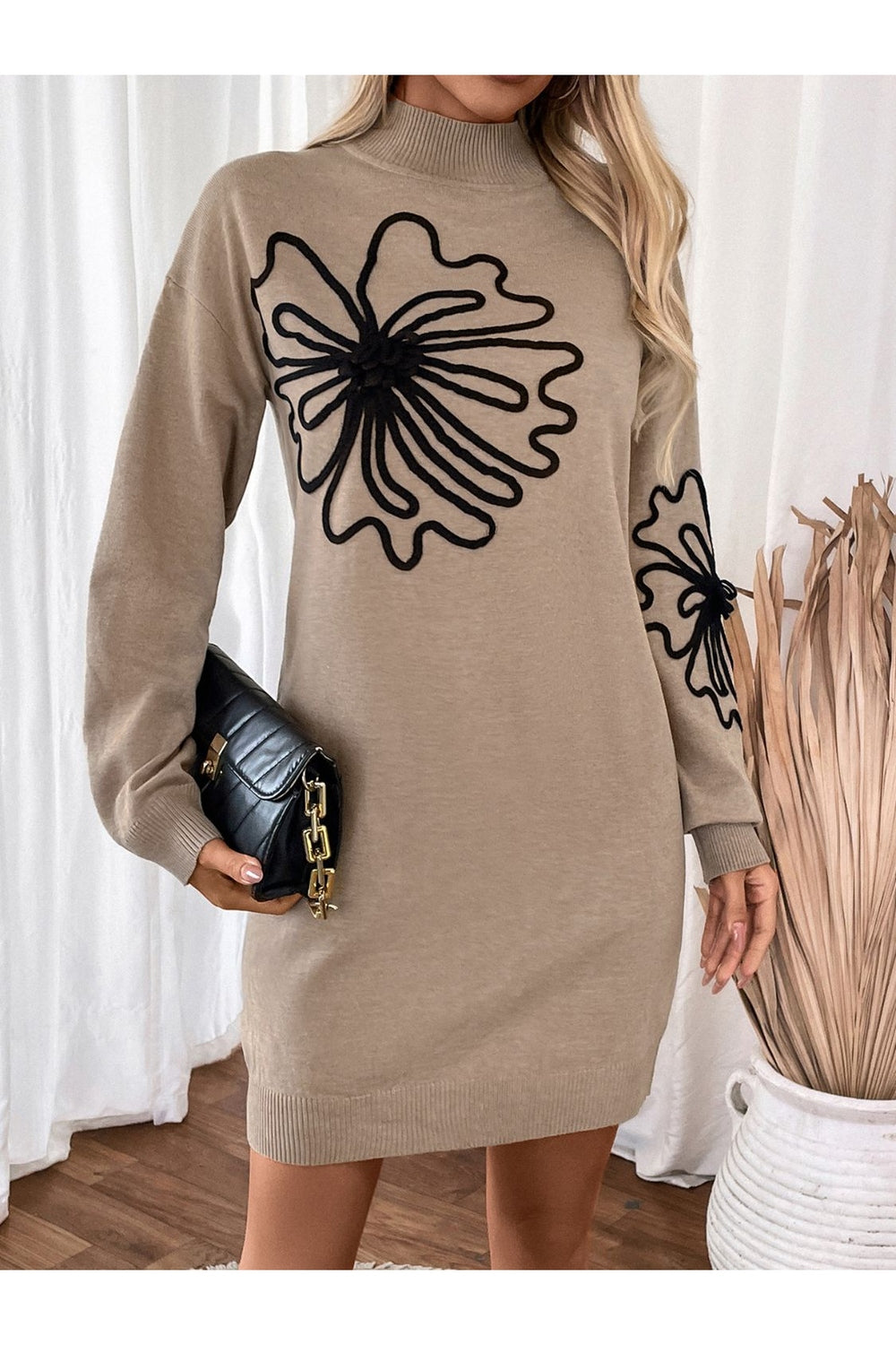 Perfee Flower Mock Neck Long Sleeve Sweater Dress - Sweater Dresses - FITGGINS