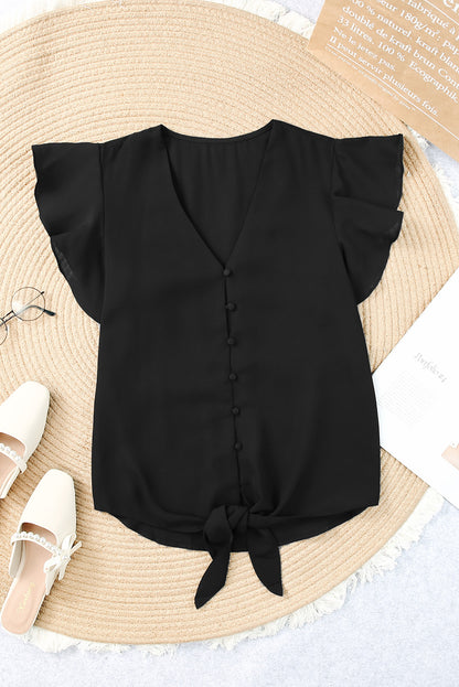 V-Neck Tie Hem Flutter Sleeve Blouse Black Fitggins
