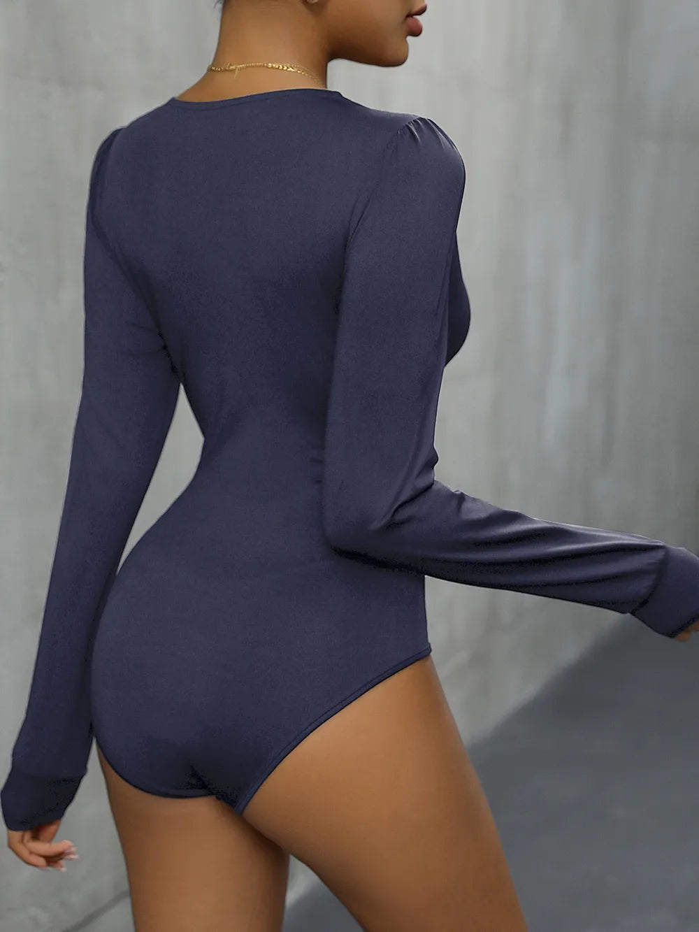 Perfee Lace Detail Plunge Long Sleeve Bodysuit Fitggins