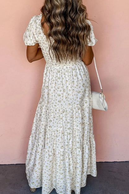 Floral Smocked Short Puff Sleeve Maxi Dress Fitggins