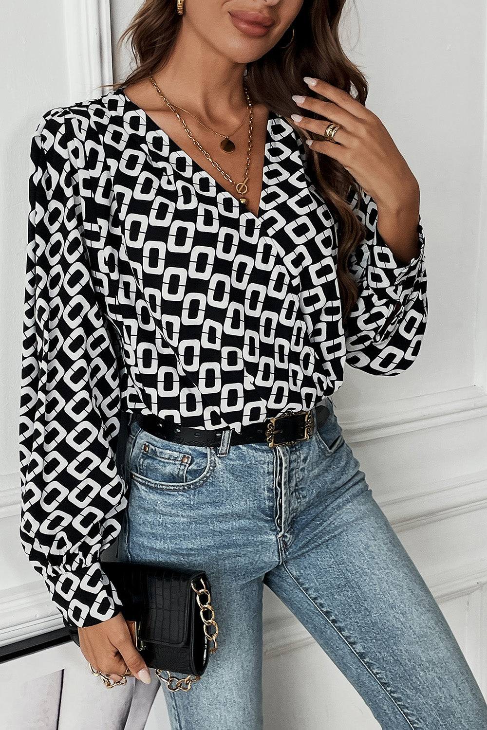 Perfee Geometric V-Neck Long Sleeve Blouse - Blouses - FITGGINS