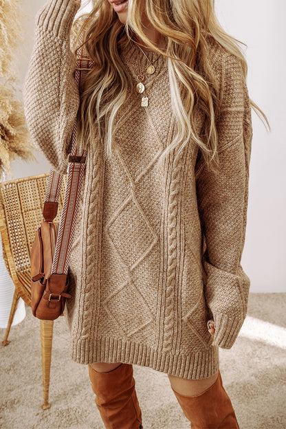 Cable-Knit Round Neck Sweater Dress - Sweater Dresses - FITGGINS