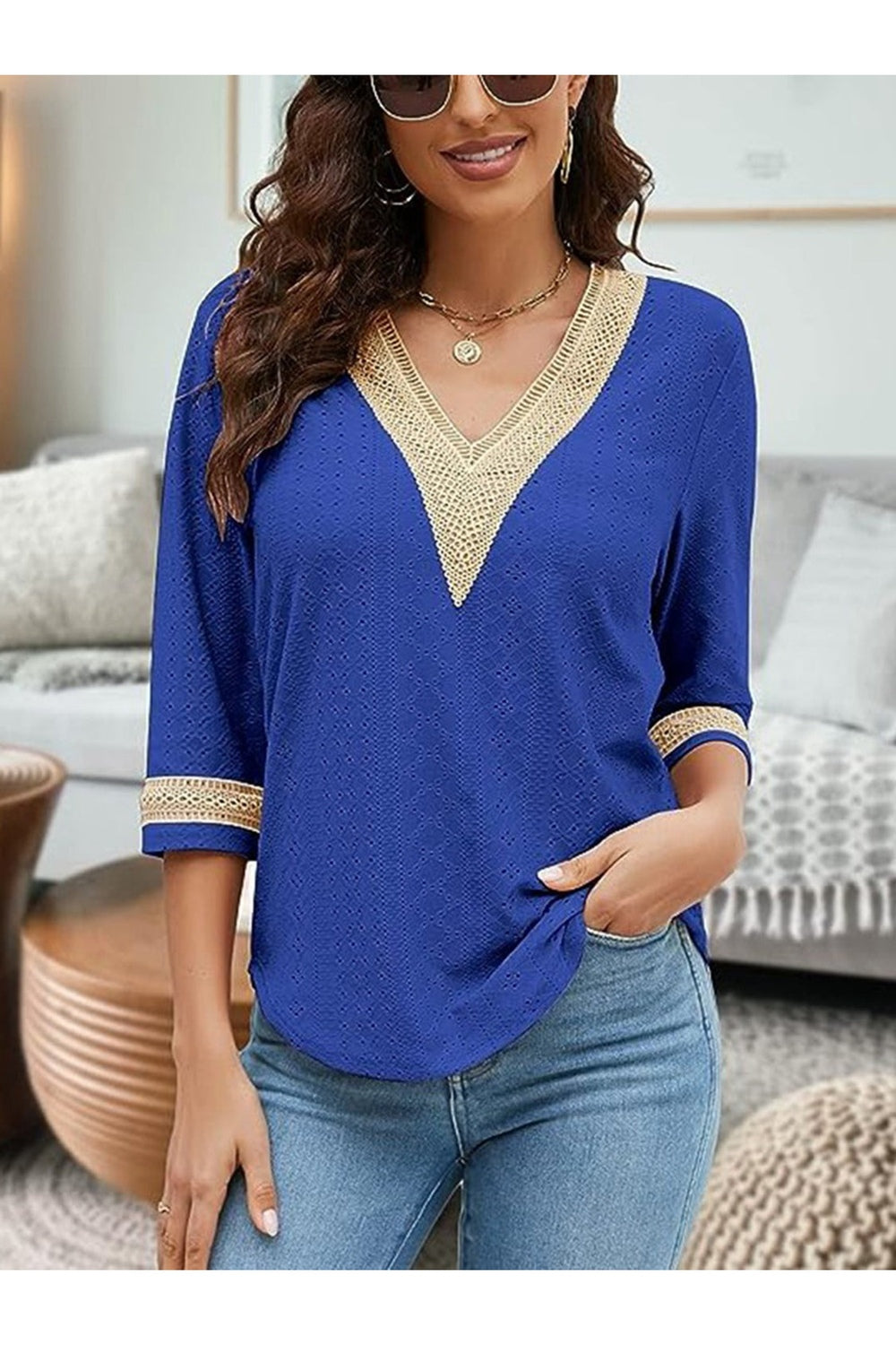 V-Neck Eyelet Blouse - Blouses - FITGGINS