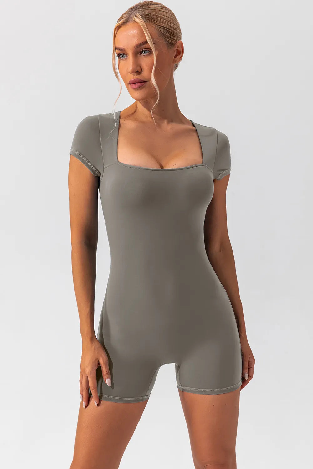Square Neck Cap Sleeve Active Romper Gray Fitggins