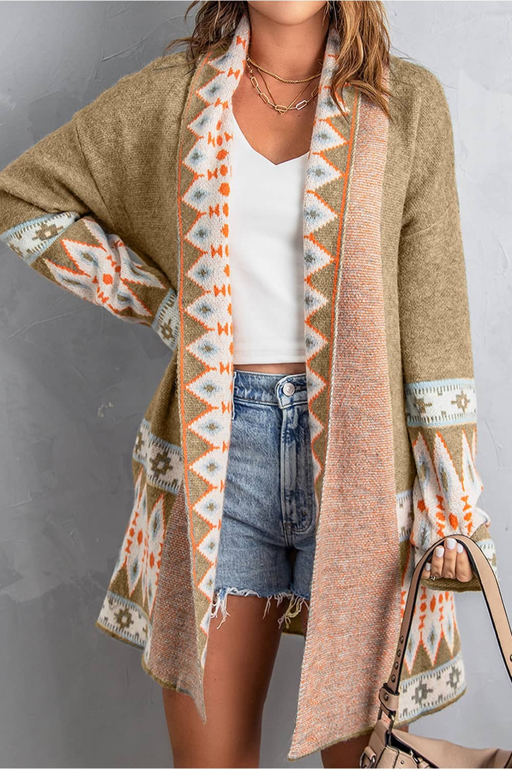 Geometric Open Front Long Sleeve Cardigan - Cardigans - FITGGINS