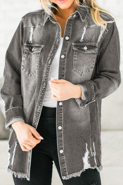 Distressed Button Up Raw Hem Denim Jacket - Denim Jackets - FITGGINS