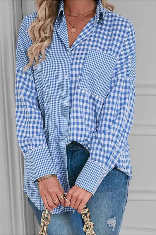 Pocketed Plaid Collared Neck Long Sleeve Shirt - Shirts - FITGGINS