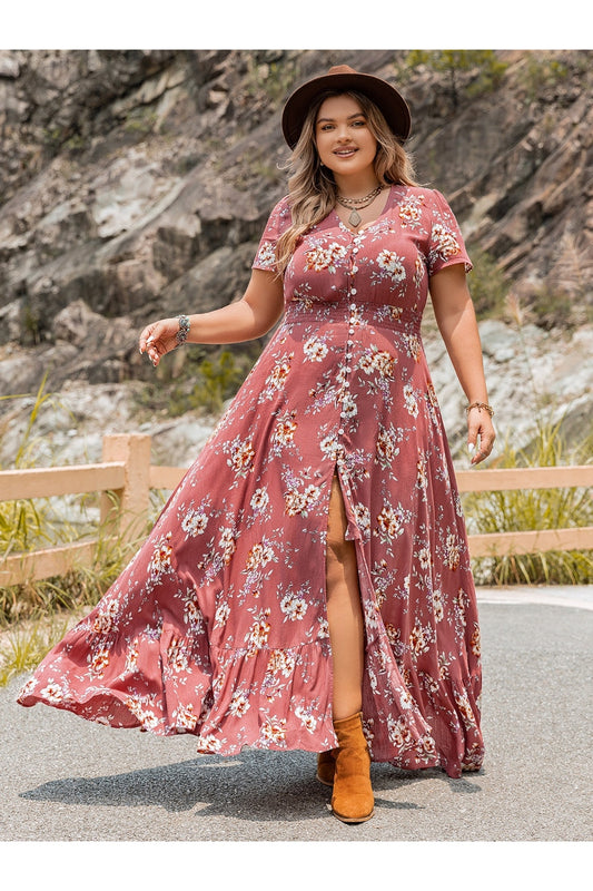 Plus Size Floral Slit Ruffle Hem Dress - Casual & Maxi Dresses - FITGGINS