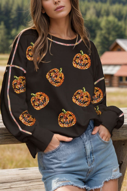 Sequin Pumpkin Round Neck Long Sleeve Sweatshirt - Sweatshirts & Hoodies - FITGGINS