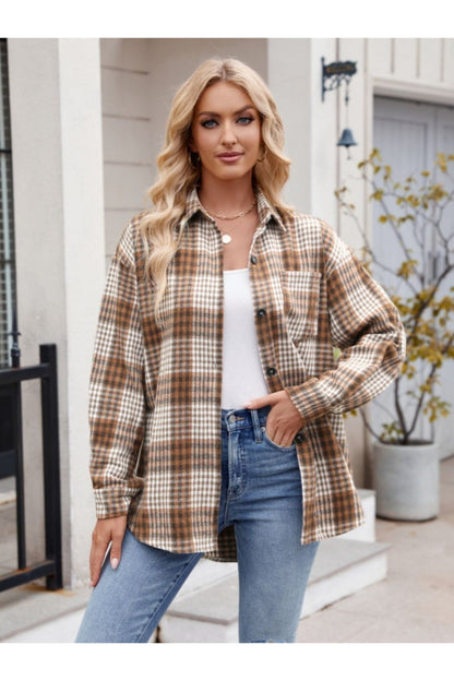 Mandy Pocketed Plaid Collared Neck Long Sleeve Shirt - Shirts - FITGGINS