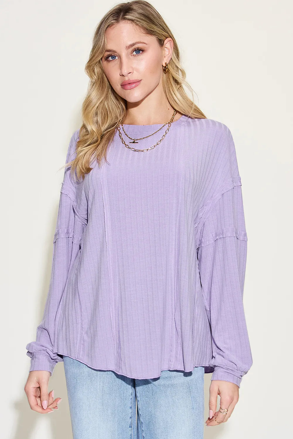 Basic Bae Full Size Ribbed Round Neck Long Sleeve T-Shirt Lavender Fitggins