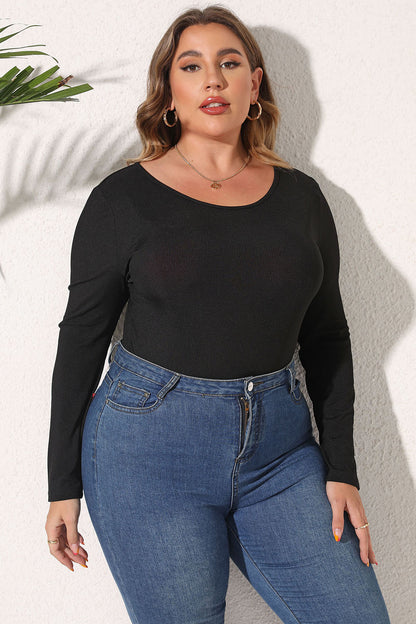 Plus Size Round Neck Long Sleeve Bodysuit - Bodysuit - FITGGINS