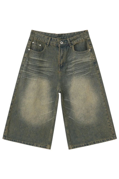 Men's Trendy Washed Denim Shorts with Pockets Olive Brown Fitggins