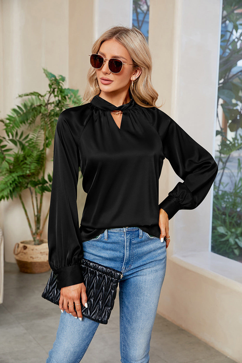 Cutout Mock Neck Long Sleeve Top - Blouses - FITGGINS