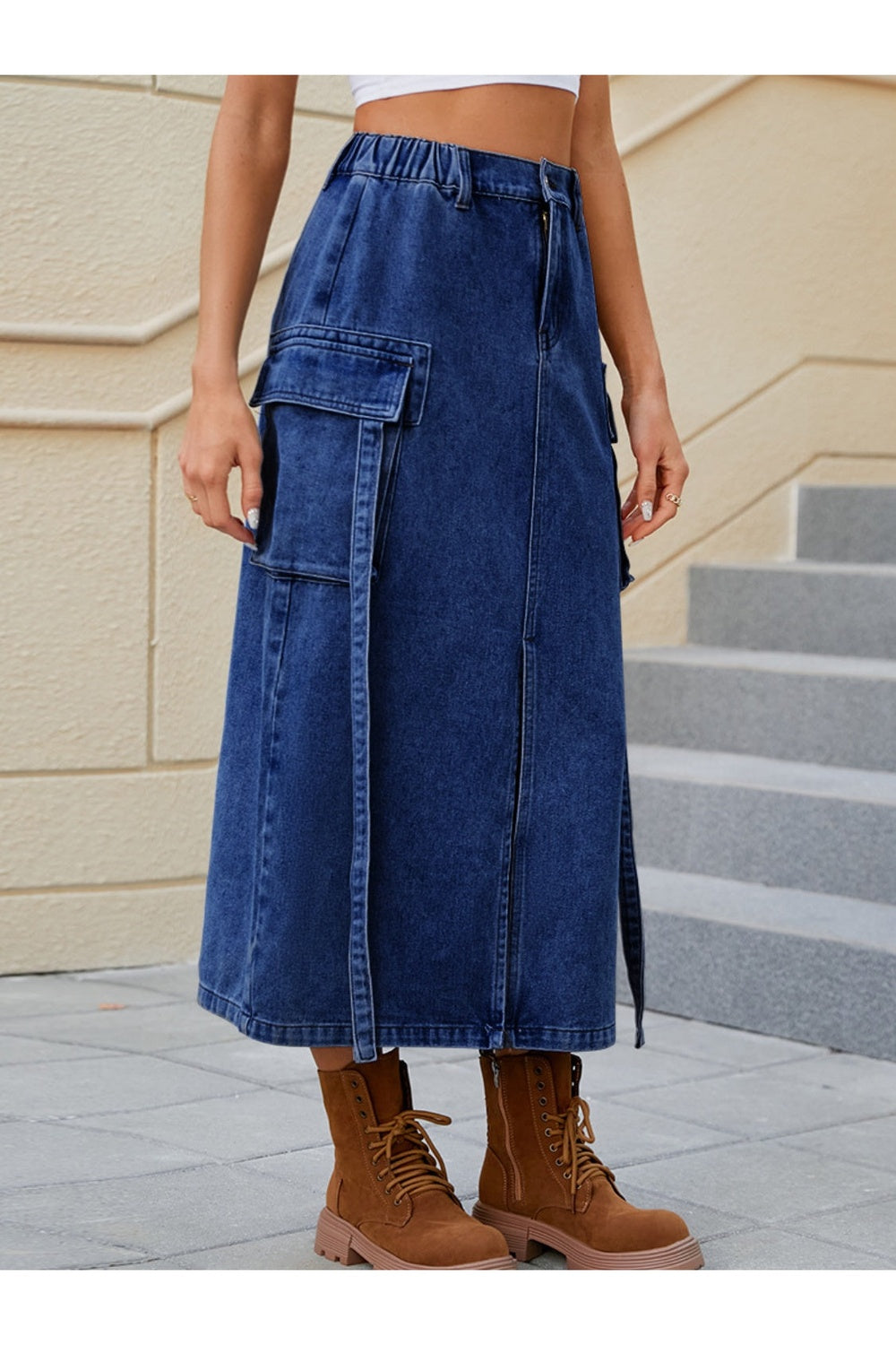 Slit Pocketed High Waist Denim Skirt - Shirts - FITGGINS