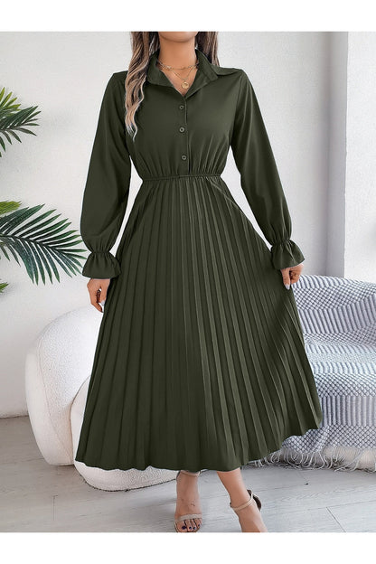 Pleated Half Button Long Sleeve Midi Dress - Casual & Maxi Dresses - FITGGINS