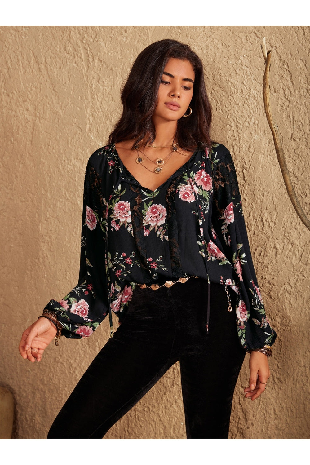 Flower Printed Tie Neck Long Sleeve Blouse - Blouses - FITGGINS