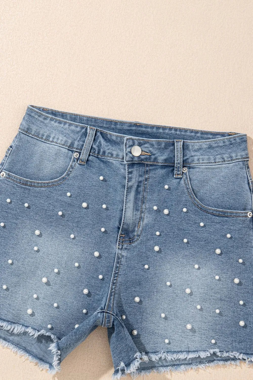 Pearl Beaded Raw Hem Wash Denim Shorts Fitggins