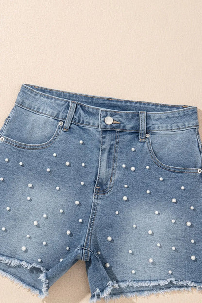 Pearl Beaded Raw Hem Wash Denim Shorts Fitggins