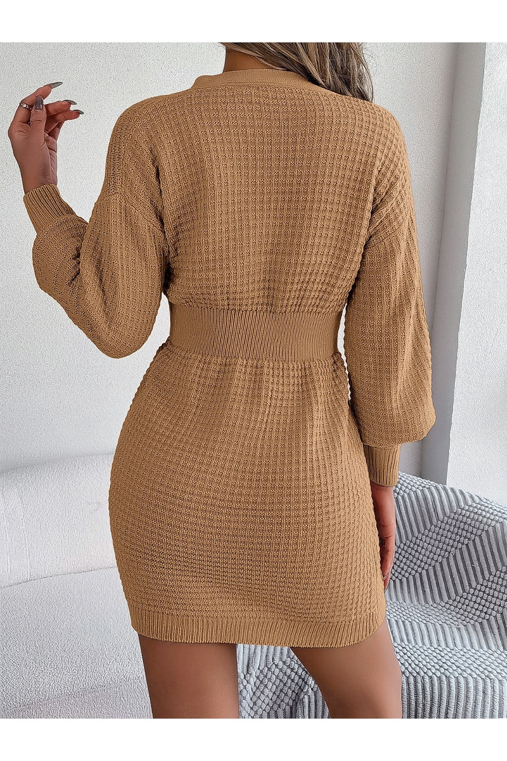 Buttoned Cable-Knit V-Neck Sweater Dress - Sweater Dresses - FITGGINS