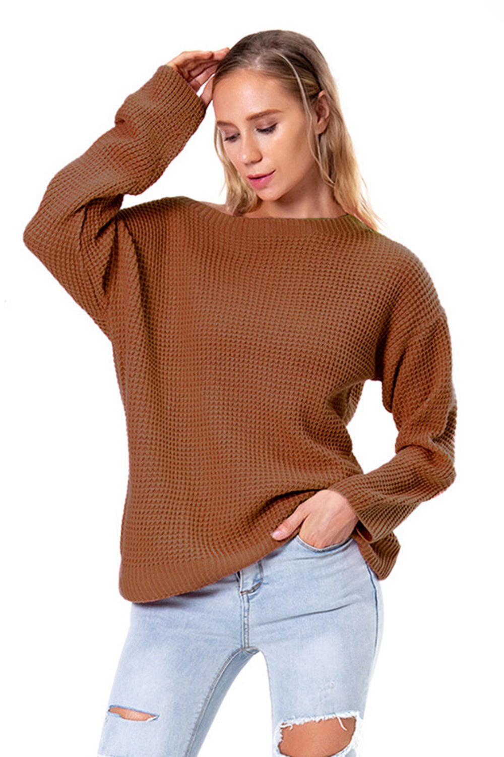 Boat Neck Drop Shoulder Long Sleeve Sweater Fitggins