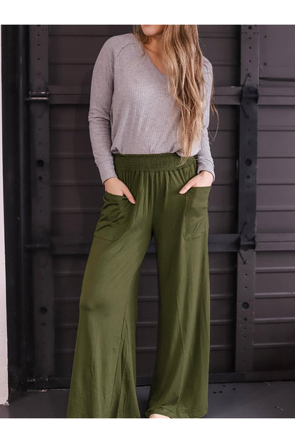 Pocketed Elastic Waist Wide Leg Pants - Pants - FITGGINS