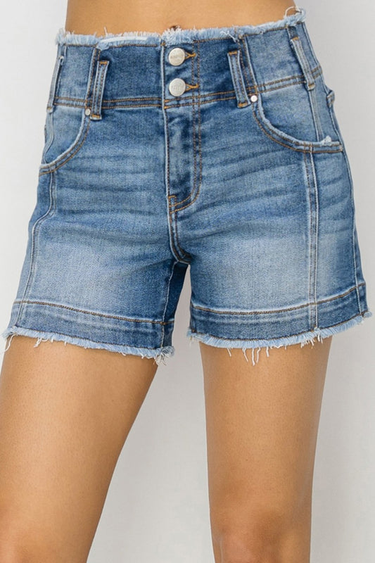 RISEN High Rise Seam Detailed Raw Edge Denim Shorts - Denim Shorts - FITGGINS